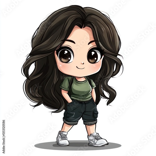 Adorable Anime Girl with Long Brown Hair, Casual Outfit and Big Eyes