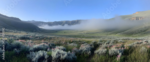 Morning mist in valley, wildflowers foreground, mountains background. Travel poster