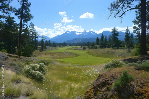 Mountain golf course fairway, sunny day, wildflowers