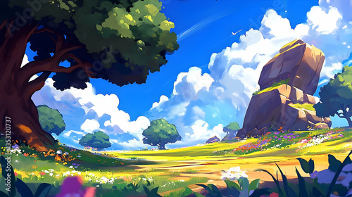 Sunny meadow path, rocks, trees, blue sky; idyllic landscape for game background