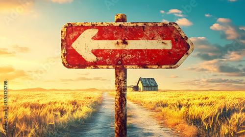 Rustic arrow sign points left on rural road at sunset
