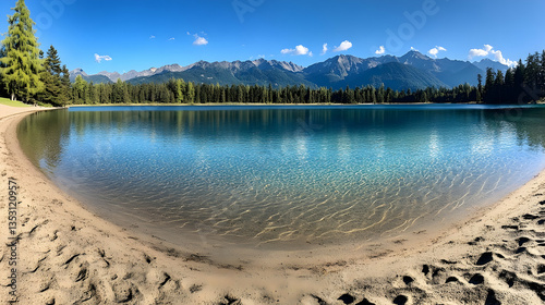 Calm lake beach, mountain backdrop, sunny day, scenic view, travel