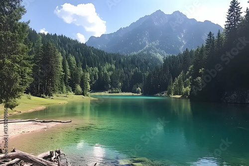 Mountain lake, scenic view, summer day, tranquility