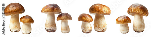Porcini mushrooms of varied sizes with smooth caps and textured stems, edible gourmet fungi displayed together.