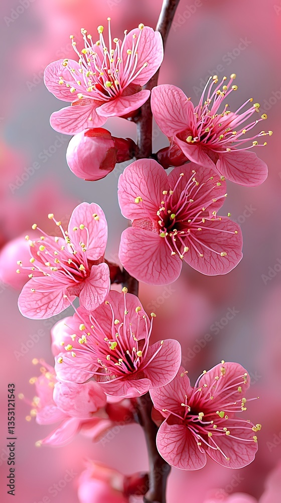 Close-up of delicate pink blossoms on a branch.