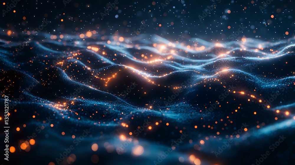 Obraz premium Abstract cosmic waves with glowing orange particles floating in dark space, luminous blue energy streams creating dynamic flowing pattern against starry background.