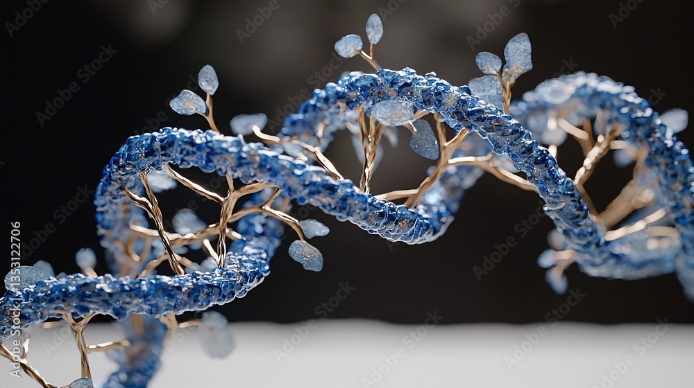 Blue DNA helix with gold branches.