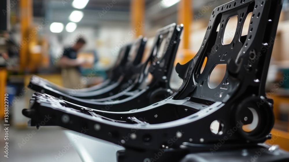 Manufacturing Line, Car Seat Frames, Factory, Worker in Background