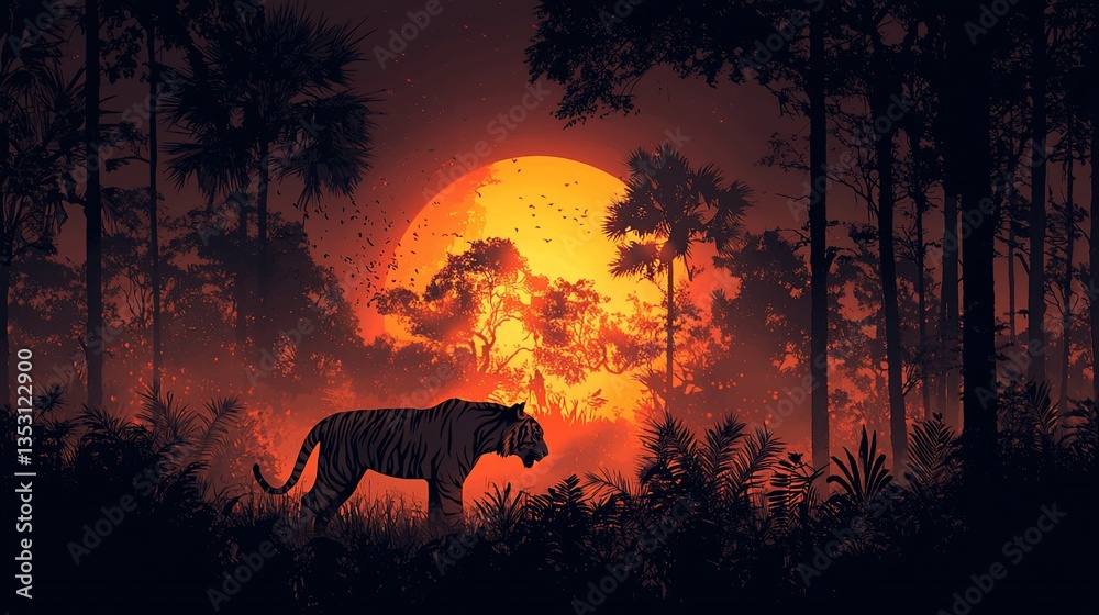 Tiger silhouette at sunset in jungle.