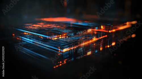 Wallpaper Mural Futuristic digital network with glowing orange and blue light trails creating dynamic perspective on dark background, technology concept for business solutions. Torontodigital.ca