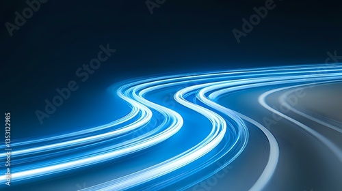 Glowing blue light trails curve through dark background creating dynamic motion effect, speed lines streaking in parallel paths against black space.