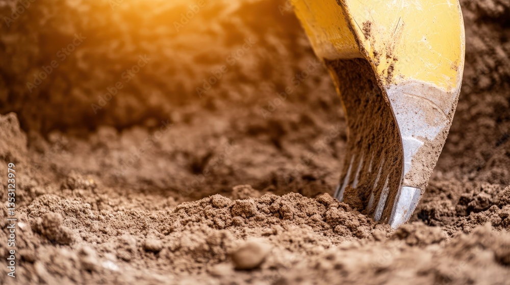 Close-up of a digging shovel breaking ground during excavation work at a construction site in bright daylight, highlighting the textured soil being disturbed by machinery Close-up of a digging shovel breaking ground during excavation work at a construction site in bright daylight, highlighting the textured soil being disturbed by machinery