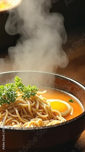 steaming udon with egg and herbs