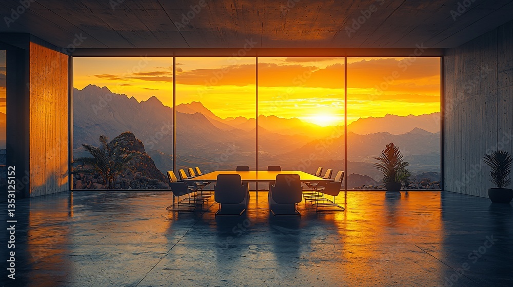 Modern conference room with sunset mountain view.