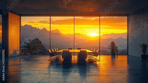 Obraz na płótnie Modern conference room with sunset mountain view. w salonie