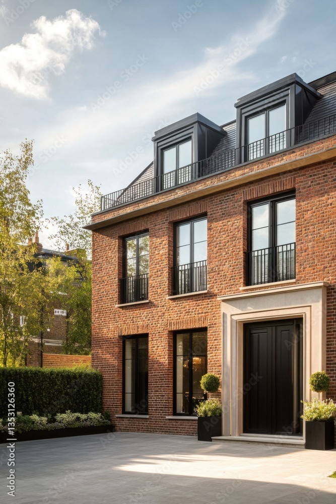 Obraz premium Elegant modern brick house with large windows and neatly manicured landscaping under a clear sky in a tranquil neighborhood setting during the afternoon