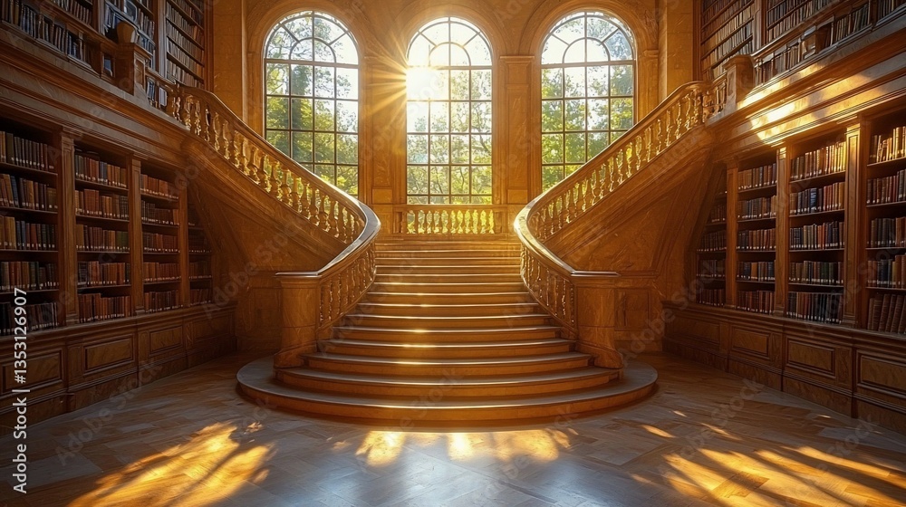 Sunlit grand staircase in a classical library.