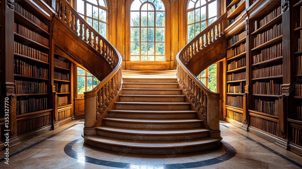 Grand wooden staircase in a historical library with sunlight streaming through a large window.