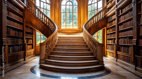 Obraz na płótnie Grand wooden staircase in a historical library with sunlight streaming through a large window. w salonie