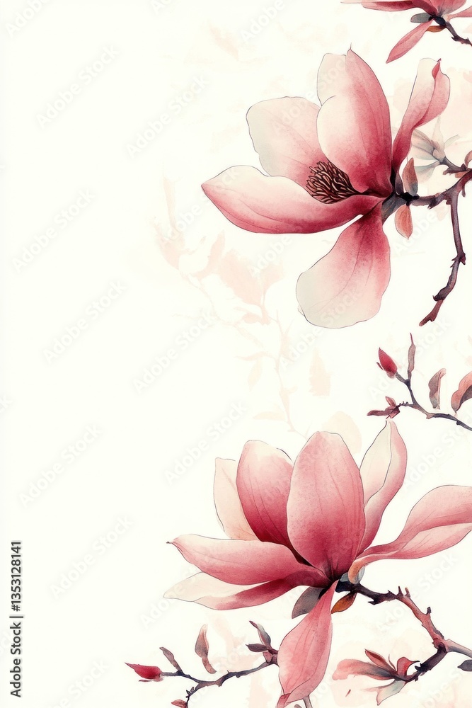 Naklejka premium Beautiful watercolor painting depicting gorgeous pink magnolia blossoms on branches