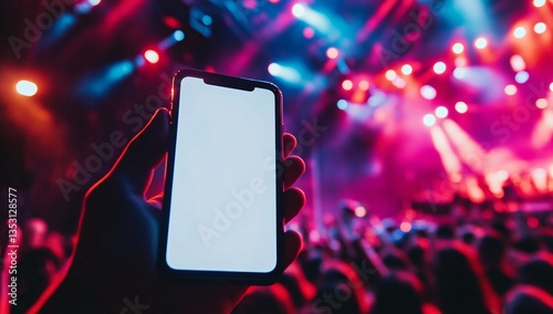 blank phone mock up in man hand, metal rock music concert and crowd in the background