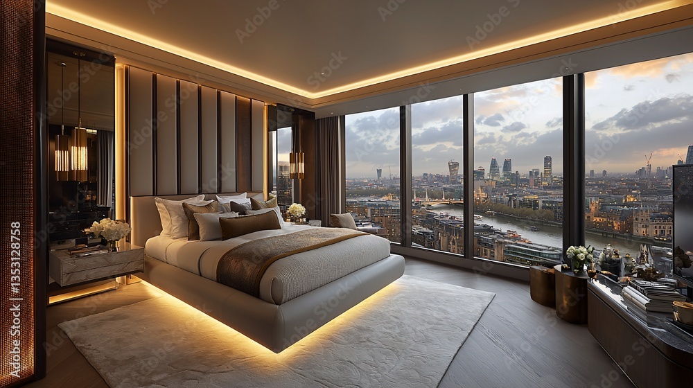 Luxurious bedroom with city view at sunset. (1)