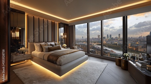Obraz na płótnie Luxurious bedroom with city view at sunset. (1) w salonie