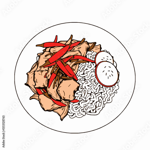 black outline vector of a plate of Bhutanese sikam paa dried pork stir-fried with chilies and radish isolated on a white background