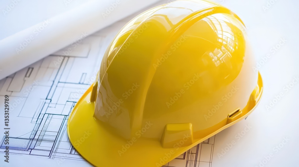 Construction hard hat placed on top of architectural blueprints in a bright workspace during the planning phase of a building project Construction hard hat placed on top of architectural blueprints in a bright workspace during the planning phase of a building project