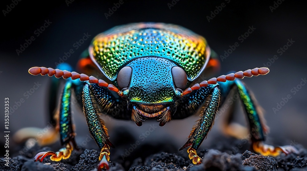Vibrant iridescent beetle close-up macro shot.