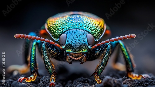 Vibrant iridescent beetle close-up macro shot.