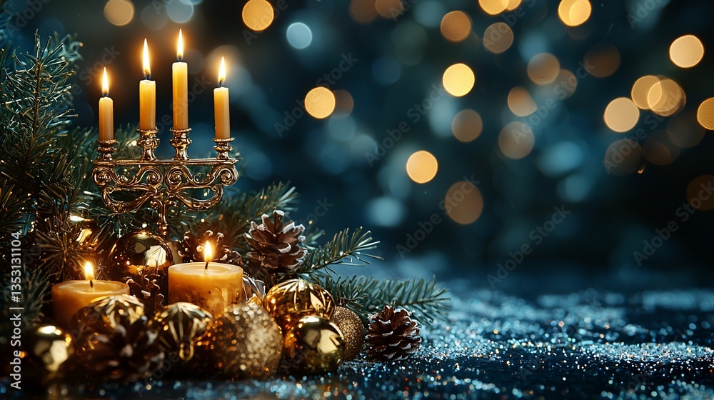 Festive Christmas candles, ornaments, and pine branches on snow with bokeh background.