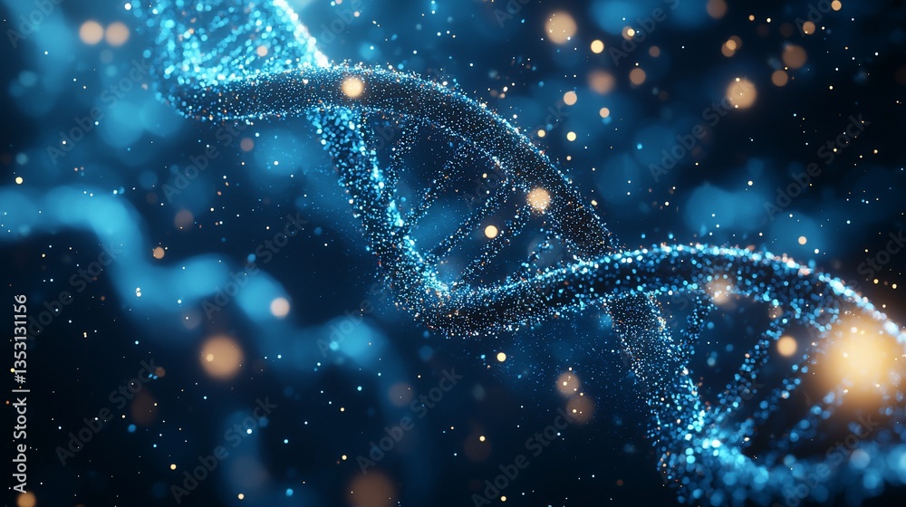 Glowing DNA double helix in dark blue space.