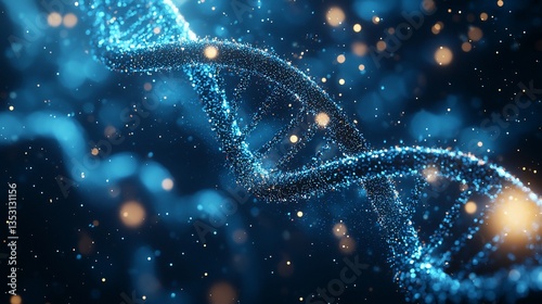 Glowing DNA double helix in dark blue space.