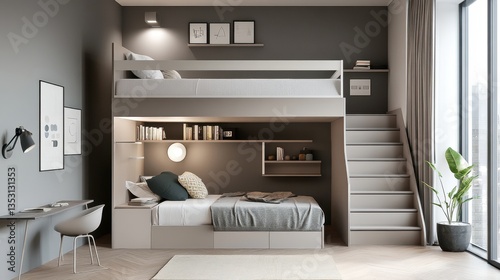 Modern Minimalist Bedroom with Loft Bed and Stylish Decor Elements
