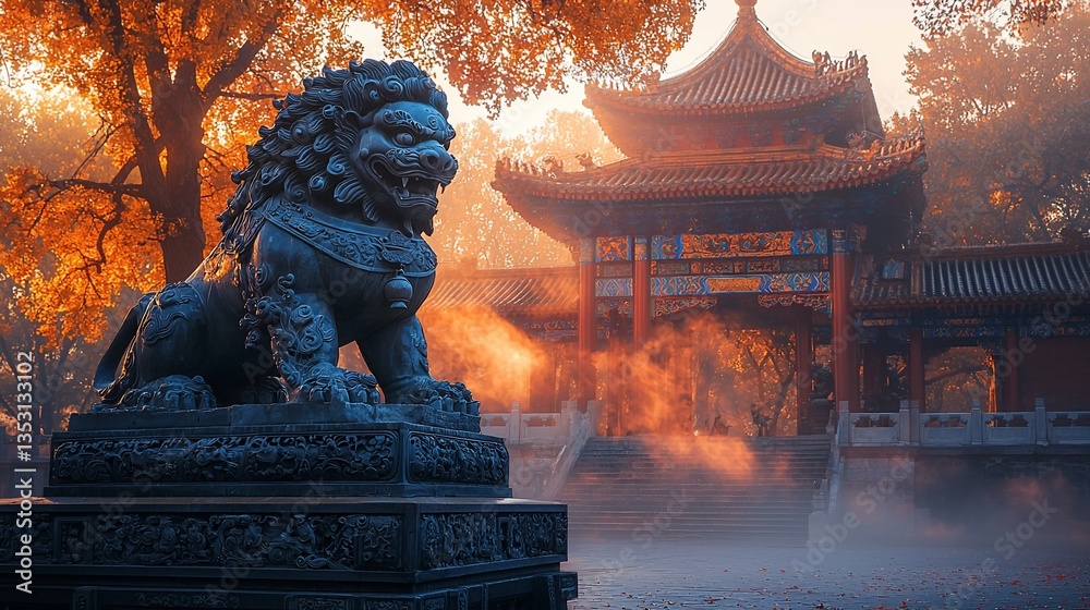 Stone lion statue in autumnal park with pagoda.