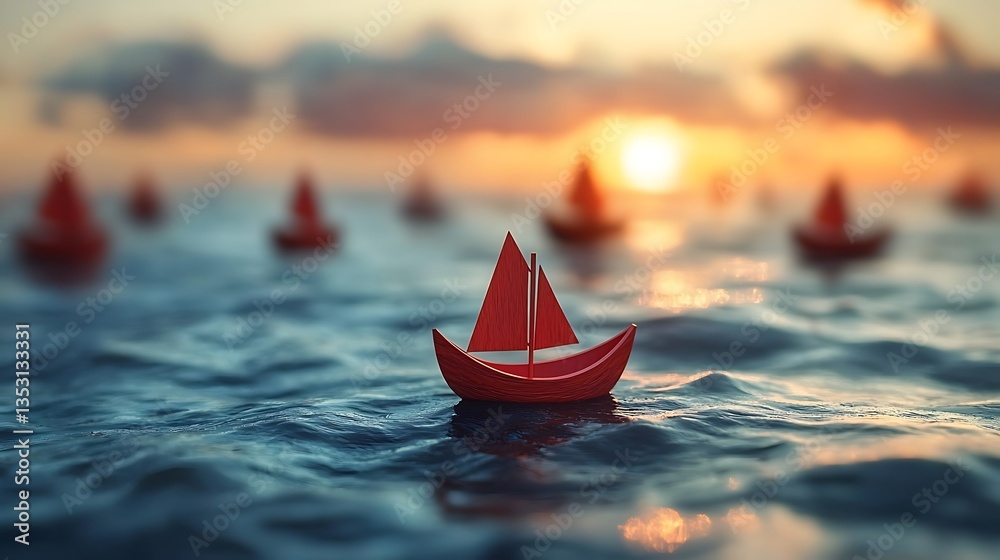 Red paper boats sailing at sunset.