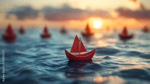 Obraz na płótnie Red paper boats sailing at sunset. w salonie