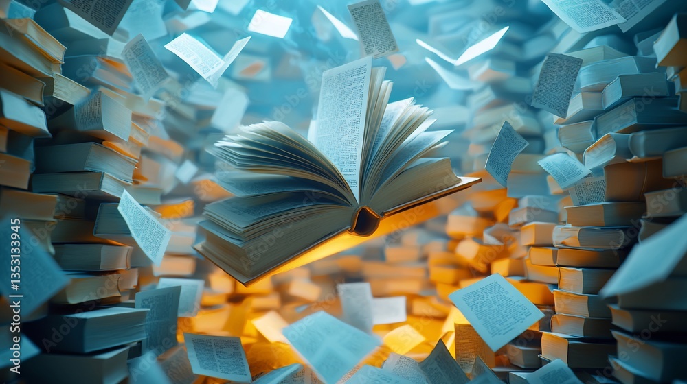 Open book levitating amidst a pile of books, glowing.