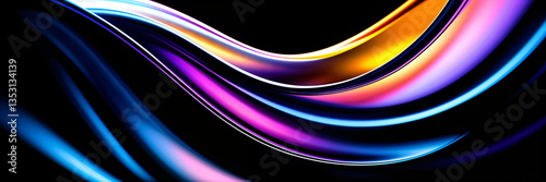 Abstract fluid holographic iridescent purple curved wave in dark background 3d render. Gradient design element for backgrounds, wallpapers, posters and covers. Advertisement Background,