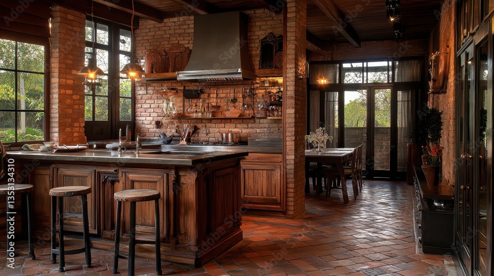 Cozy Rustic Kitchen with Wooden Furniture and Warm Lighting Cozy Rustic Kitchen with Wooden Furniture and Warm Lighting