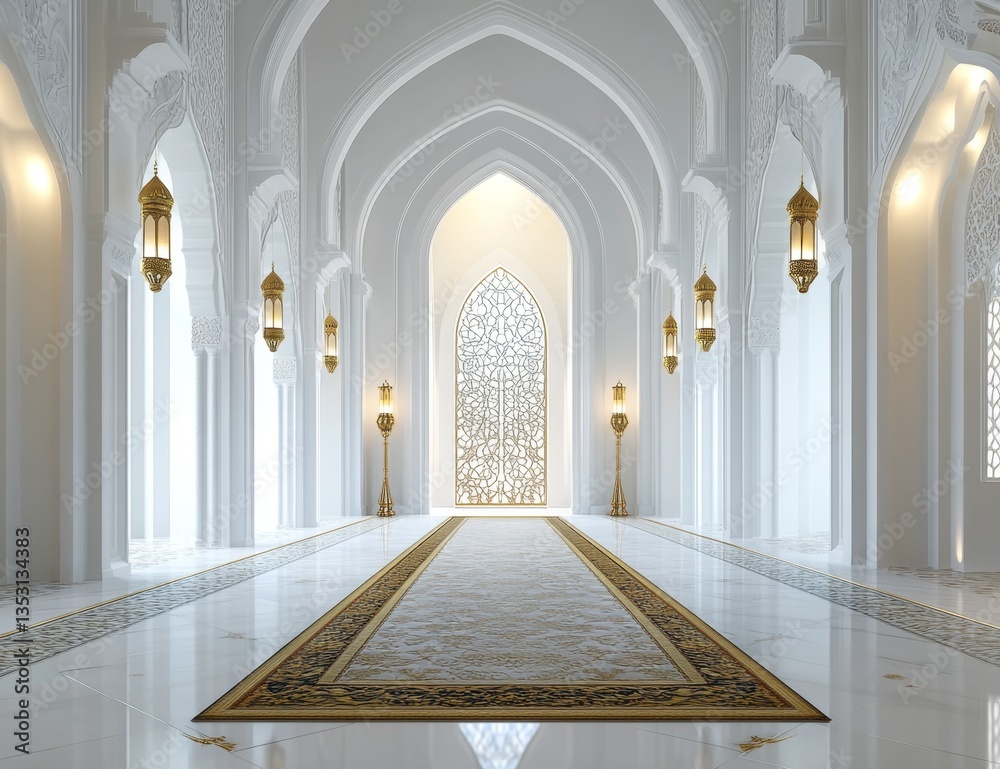 Fototapeta premium Elegant white mosque hall interior, arched walkway, golden lanterns, prayer rug