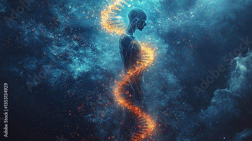 Humanoid figure with fiery DNA helix in cosmic nebula.