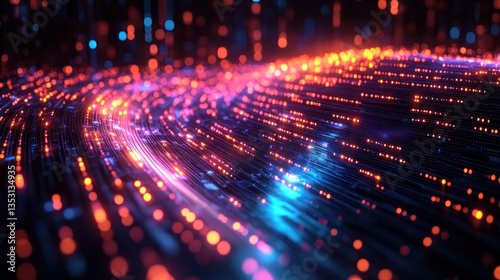 Abstract swirling digital data stream  glowing particles  dark background with blurred lights.  Visual for technology  innovation  or futuristic concepts