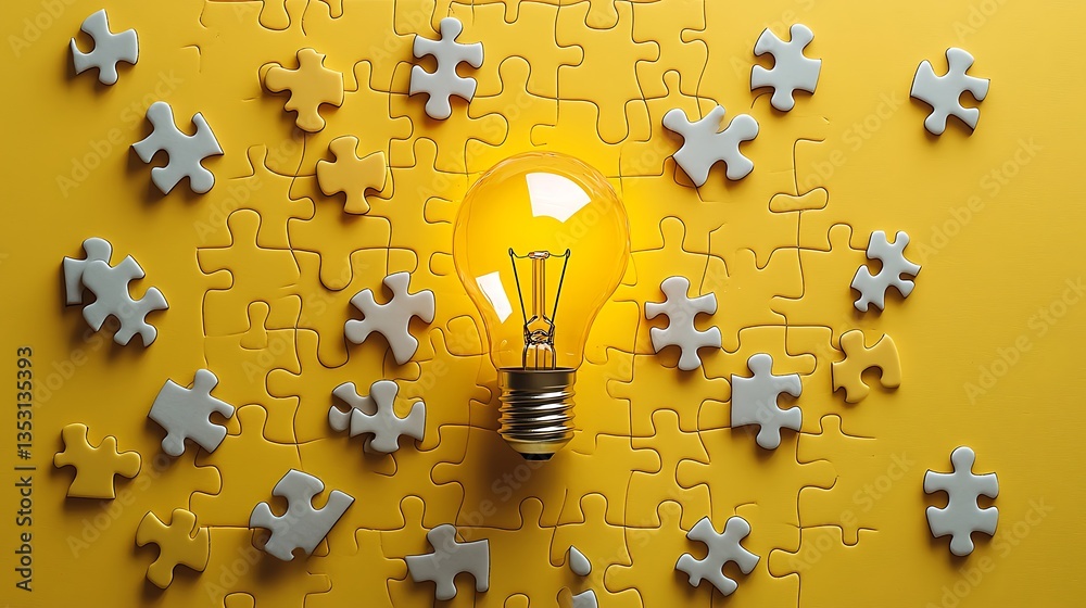 Glowing lightbulb on puzzle pieces. (1)