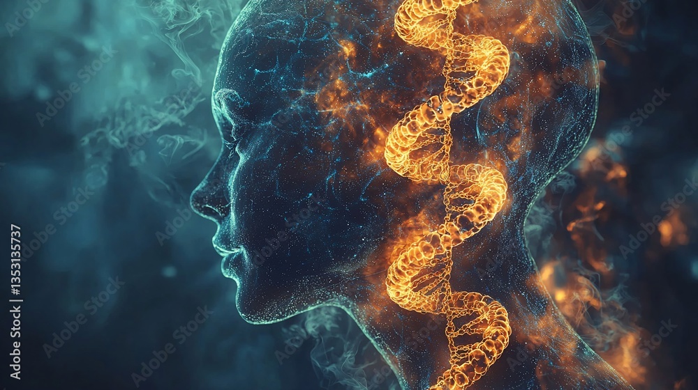 Fiery DNA helix inside a smoky female head profile.