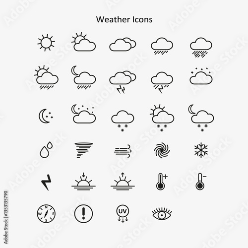 weather, meteorology, climate icons. minimalist vector black color. modern, simple symbols. sun, rain, temperature, sky, wind, humidity