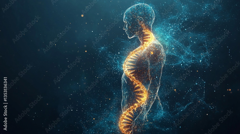 Glowing human figure with DNA helix.
