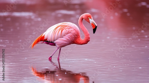 Elegant Flamingo Standing in Pink Water Reflecting its Beauty Nature Scene