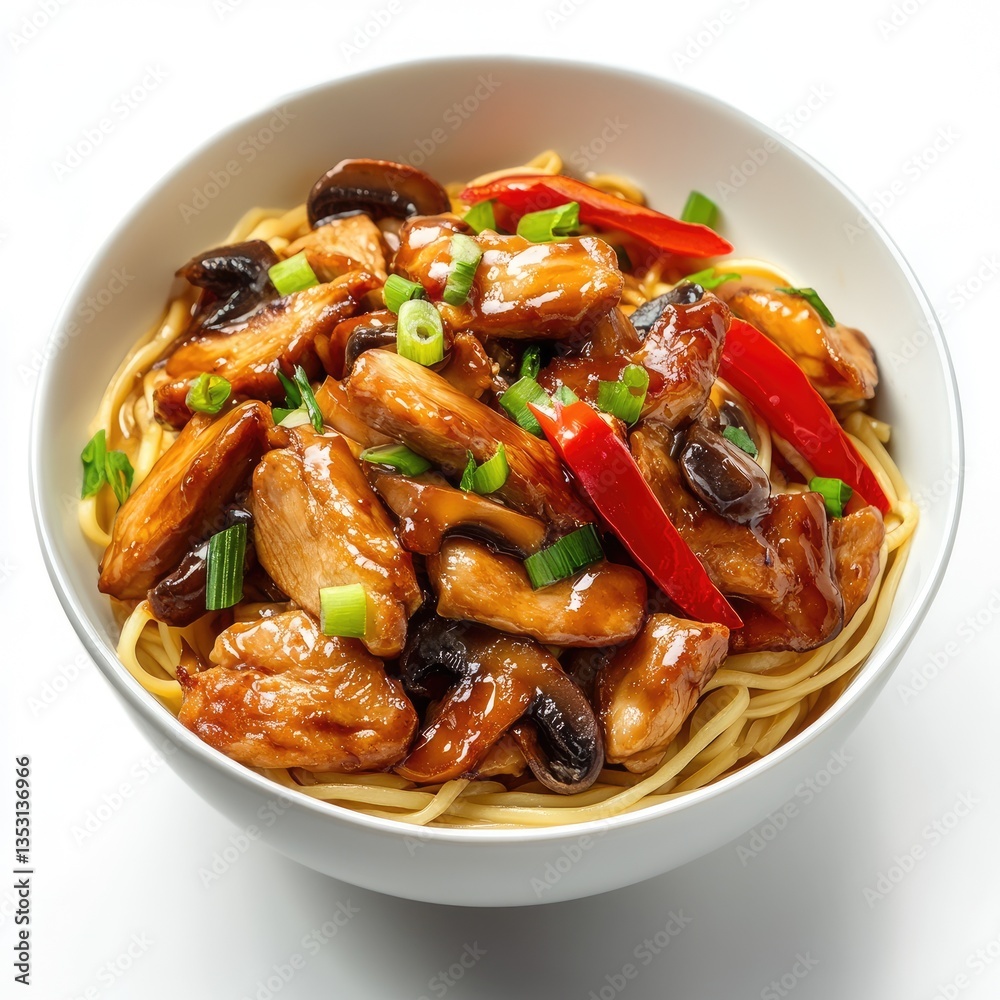 Savory chicken and mushroom stir-fry over noodles Savory chicken and mushroom stir-fry over noodles